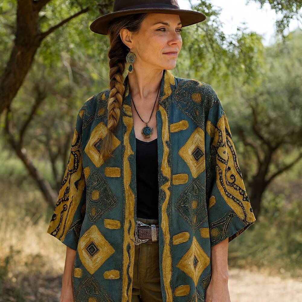 Chico's 10 Year Anniversary Blouse Rayon size 1 US M Bohemian Ethnic Art-to-Wear